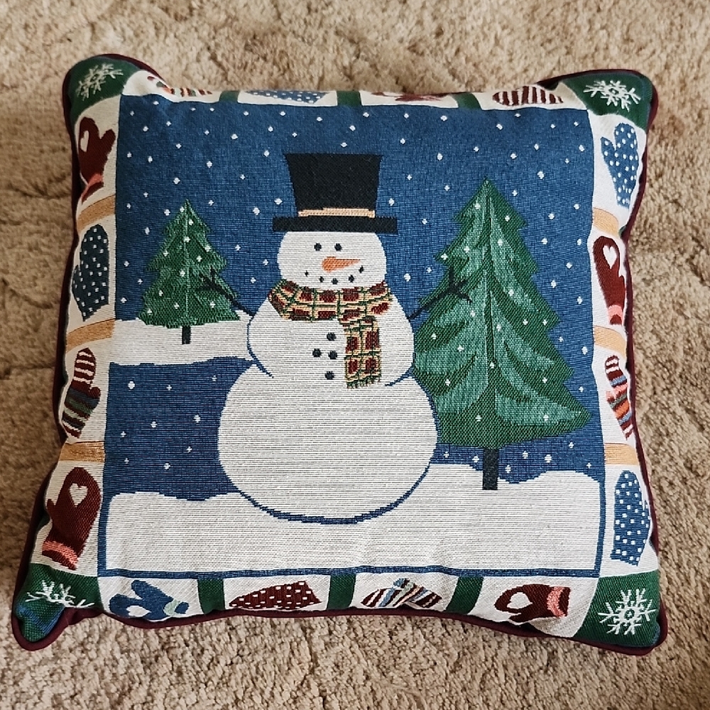 Vintage Tapestry Festive Christmas Snowman Throw Pillow - Blue and Green